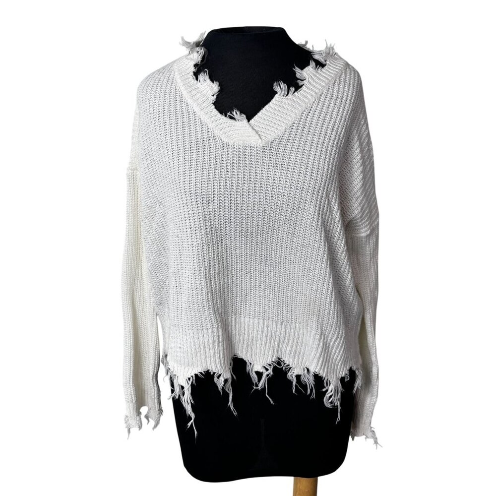 Distressed White V-Neck Sweater Jolie & Joy Large